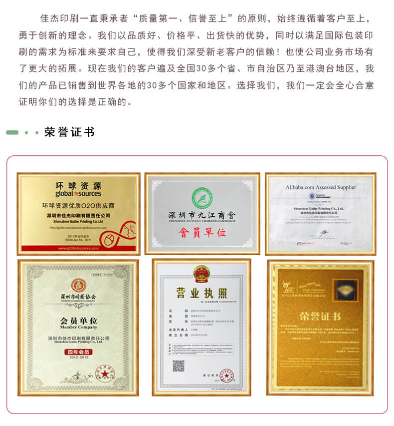 禮品盒廠家榮譽證書